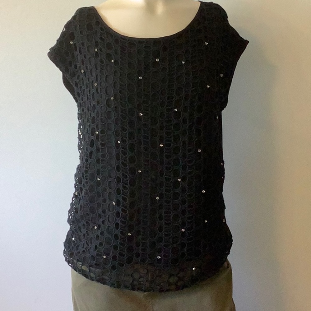 Ann Taylor Black Tshirt with overlay highlighted with diamanté - size XL - FTTS